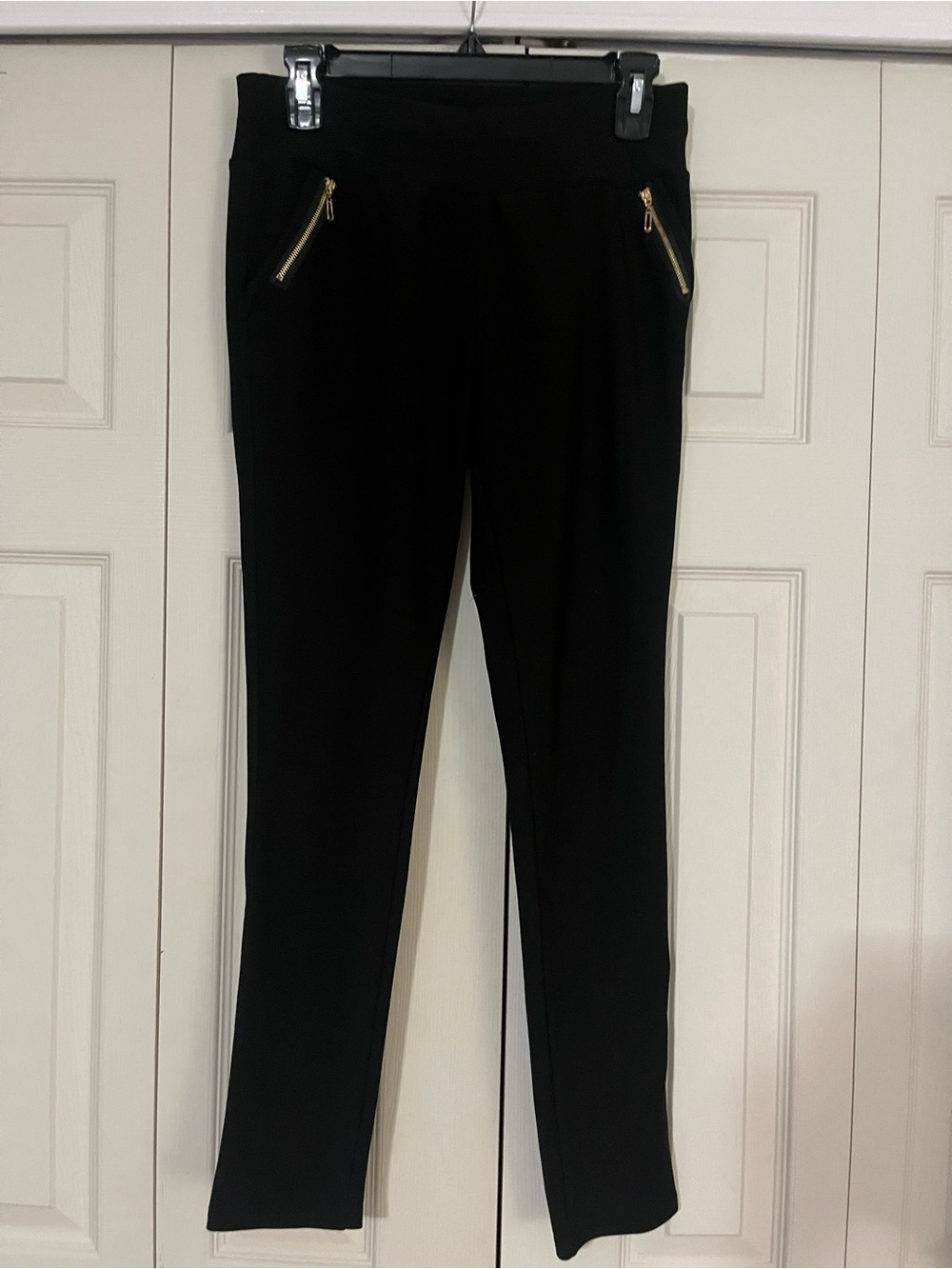 shosho Black Skinny Pull-On Pants with Gold Zipper Trim